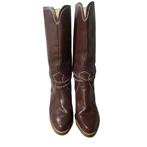 Vtg 1970s 80s Zodiac Ladies Red Leather Heeled Braided Accent Western Boots 6.5 - Picture 4 of 9